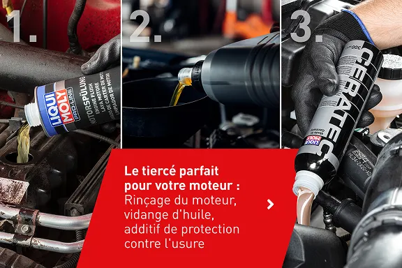 Ein dreigeteiltes Bild in dem 3 Liqui Moly Produkte Anwendung finden.